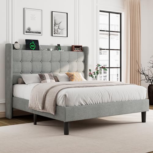 Queen Bed Frame, Upholstered Platform Bed with Charging Station, Modern Wingback Storage Headboard, Solid Wood Slats Support, No Box Spring Needed, Dark Gray - Image 22