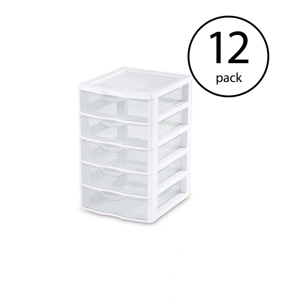 Sterilite Clearview Plastic Small 5 Drawer Desktop Storage Unit, White (12 Pack)