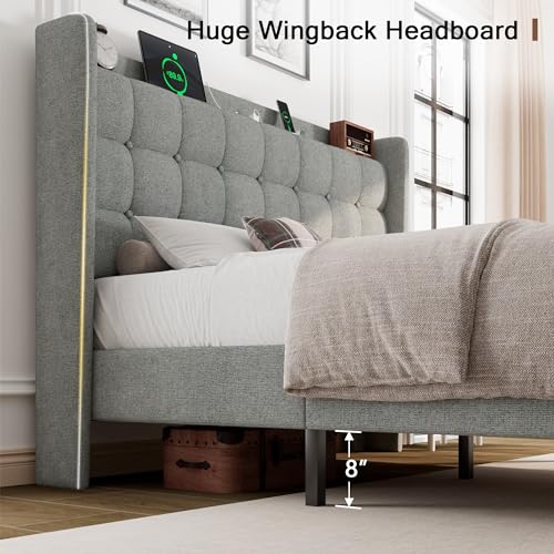 Queen Bed Frame, Upholstered Platform Bed with Charging Station, Modern Wingback Storage Headboard, Solid Wood Slats Support, No Box Spring Needed, Dark Gray - Image 23
